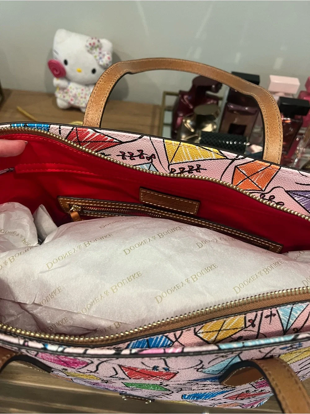 Dooney & Bourke Pink Multicolor Kite Print Tote with Tan Straps